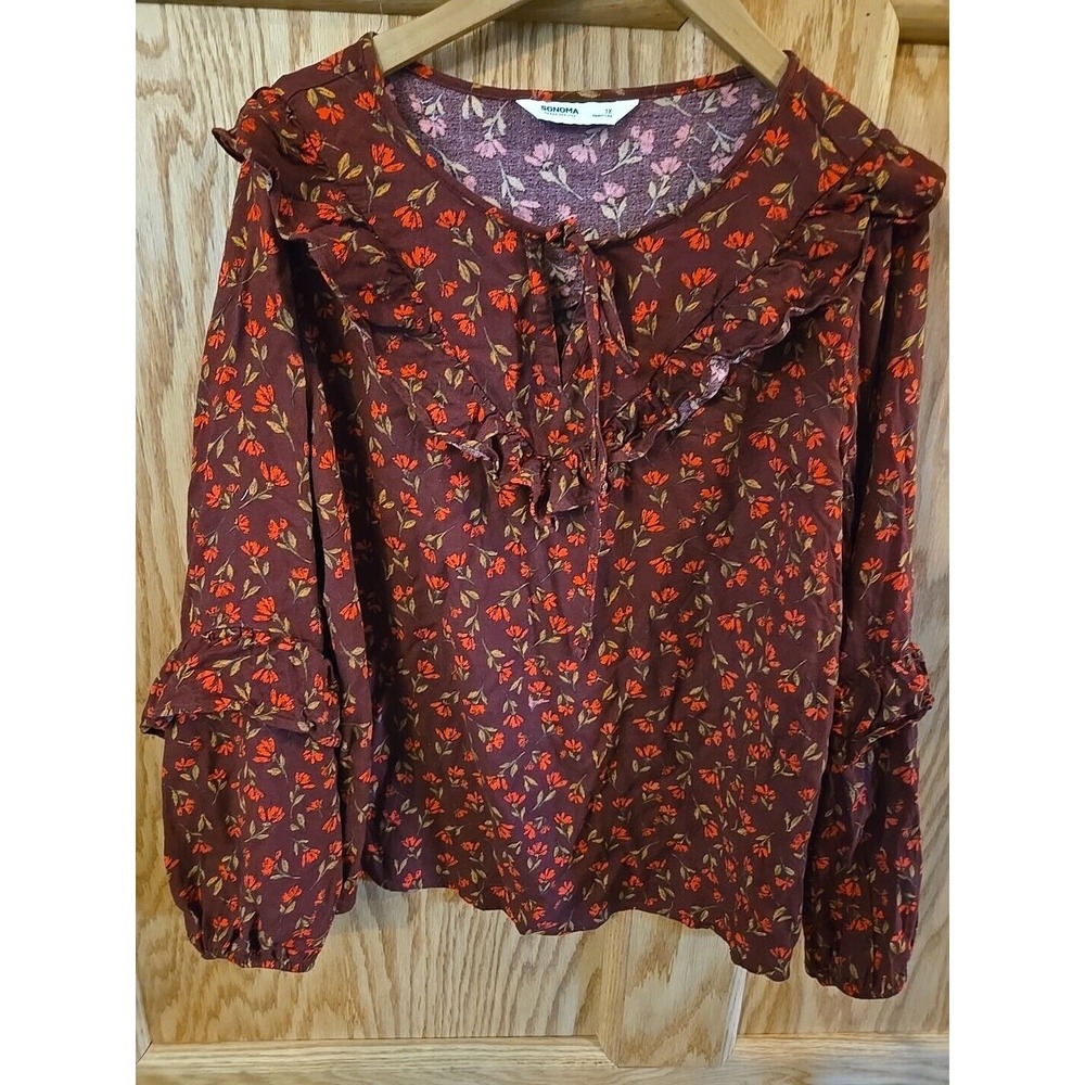 SONOMA Women's Top 1X  Burgandy Floral Ruffle Peasant Boho Hippie Tunic